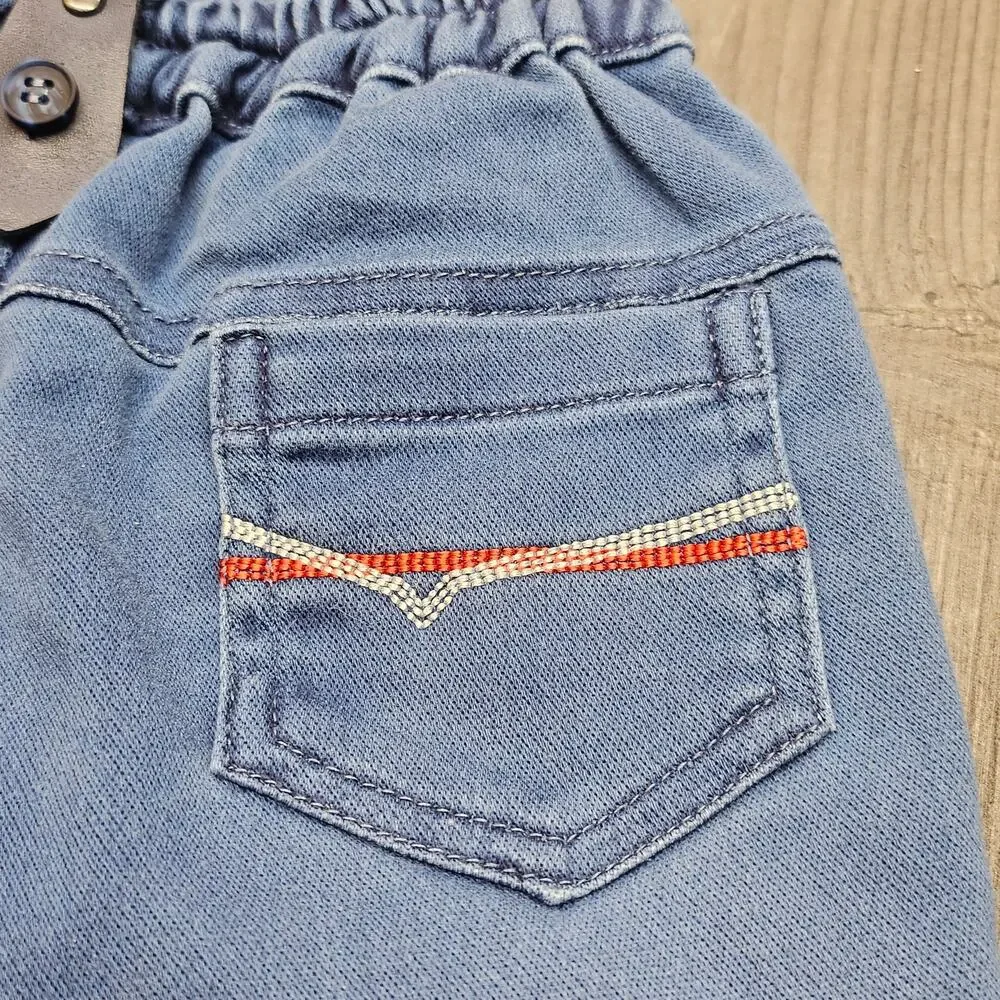 BABE BABY BLUE DENIM SUSPENDER SHORTS – TODDLER XL –  “WIN THE RACE” EMBROIDERED